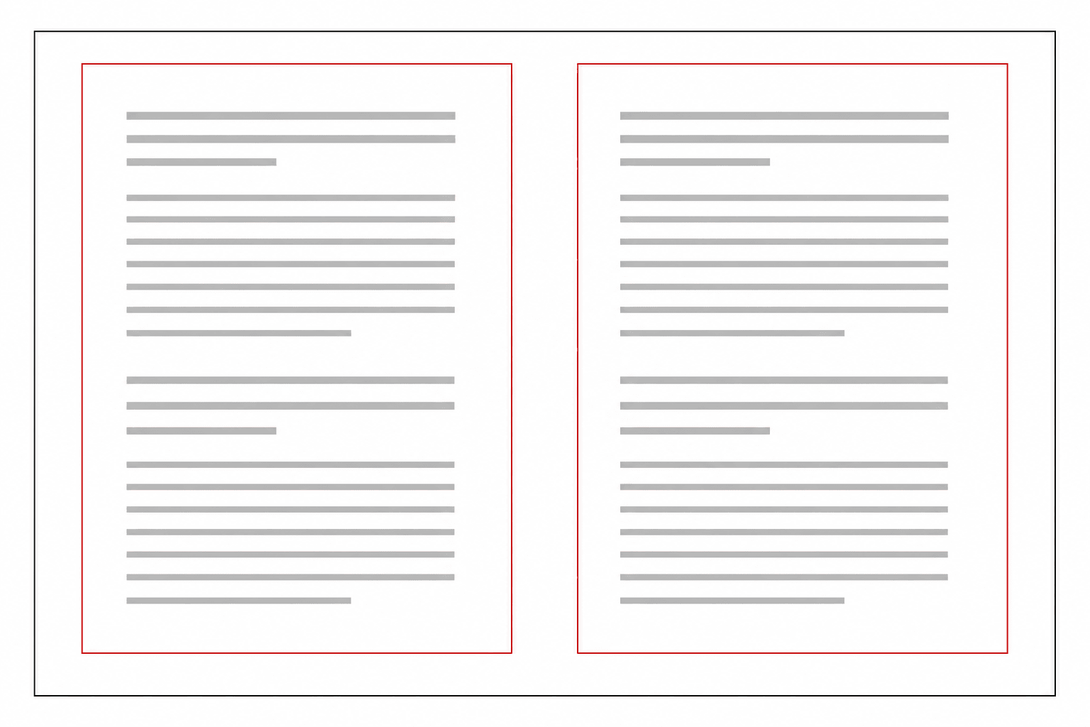 مخطط يوضح صفحتين PDF موضوعتين جنباً إلى جنب على ورقة طباعة أفقية