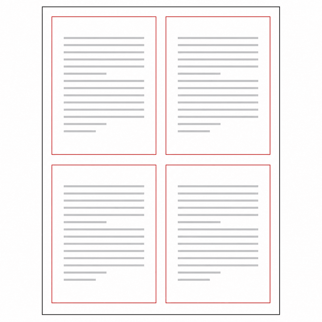 مخطط يوضح أربع صفحات PDF في شبكة 2×2 على ورقة طباعة
